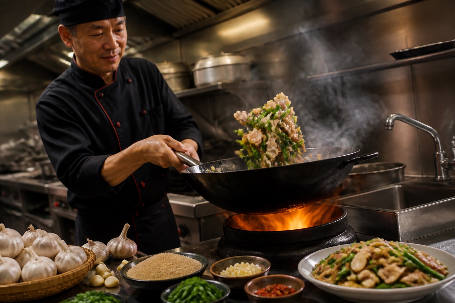 中餐廚師在熱炒料理中使用蒜香調味